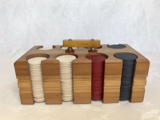 Vintage 1940’s Mid - Century Poker Chip Set Pla - Wood Caddy Bakelite Handle