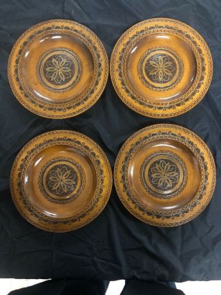 Set Of 4 Hand Made Decorated Wooden Plate Made In Poland 8 1/2” Brass Inlay