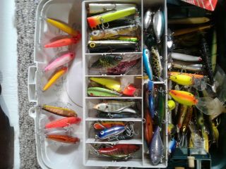 VINTAGE TACKLE BOX FULL OF LURES 85,   2