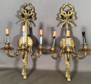 (2) Vintage French Acanthus & Ribbon Old Floral Brass Candelabra Wall Sconces