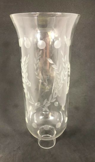 Hurricane Candle Lamp Chimney Glass Etched Laurel Wreath Vintage 10 3/4” Tall 11