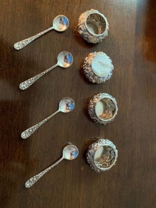 Vintage Stieff Rose Sterling Silver Repousse Open Salt Cellar Spoon Set
