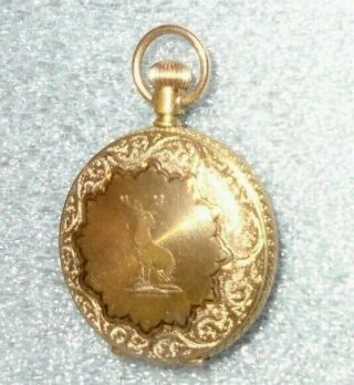 antique American Waltham pocket watch in ornate stag gold plated case 3
