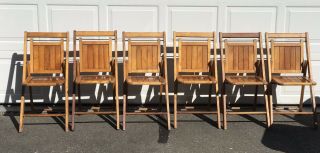 Set Of Six (6) Vintage Wood Folding Oak Slat Chairs.  Grt Pick Up In Ct