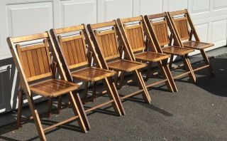 Set of SIX (6) Vintage Wood Folding Oak Slat Chairs.  Grt Pick Up In CT 2