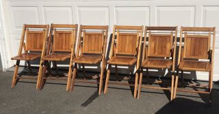 Set of SIX (6) Vintage Wood Folding Oak Slat Chairs.  Grt Pick Up In CT 3