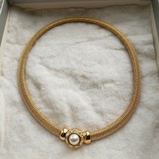 Vintage Vtg 1980s Designer Christian Dior Gold Rhinestone Pearl Cable Necklace