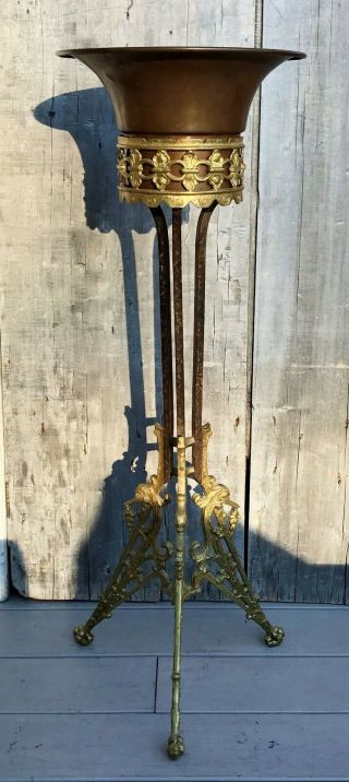 Exceptional Antique Victorian Ornate Gilt Brass 36 " Plant Stand W/ Copper Pot