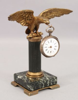 19thc Antique French Gilt Bronze American Eagle,  Pocket Watch Holder Marble Base