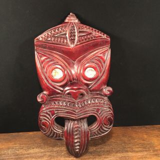 Vintage Maori Carved Wood Tribal Tiki Mask Wall Hanging Abalone Eyes Zealand