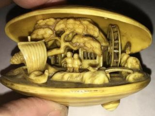 Vintage Japanese Celluloid Clam Shell Moving Water Wheel Carved Netsuke