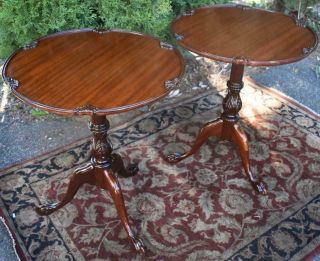 1920s English Chippendale Mahogany Side Tables / Pie–crust End Tables Claw Feet