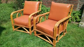 Vinyage Pair 2 Rattan Bamboo Lounge Chairs Orange Cushions Tropical Ficks Reed