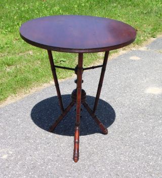 Antique Victorian Style Faux Bamboo Walnut Wood Tripod Round Occasional Table