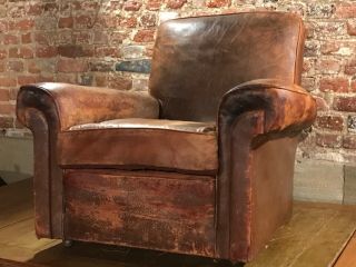 Antique French Art Deco Mid Century Look Leather Club Chair