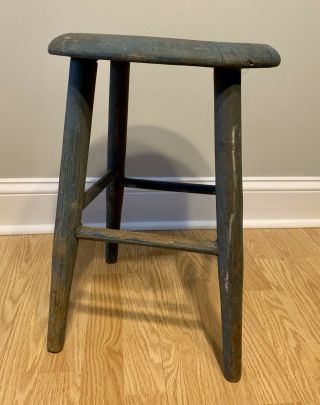 Old Vintage Small Primitive Wooden Blue Stool Country Rustic Farmhouse
