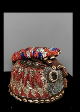 Old Tribal Rare Bamileke Beaded Helmet Mask - Cameroon Bn 50