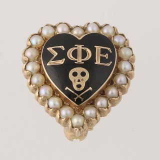 Sigma Phi Epsilon Badge 10k Yellow Gold Pearl Fraternity Heart Skull Vintage Pin