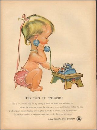 1958 Vintage Ad For Bell Telephone System`art Little Girl Blue Phone (061816)