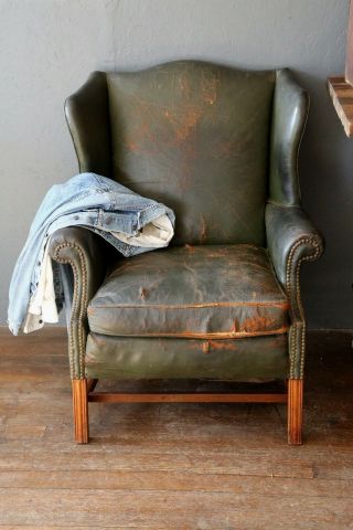 Vintage Leather Wingback Chair Monarch Green Brass Studs Living Room Furniture