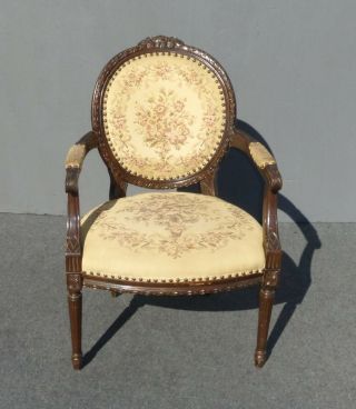 Vintage French Country Provincial Carved Tan Tapestry Side Arm Chair