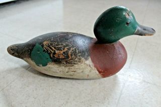 Antique Hand Carved Painted Wood Wooden Mallard Duck Decoy Glass Eyes