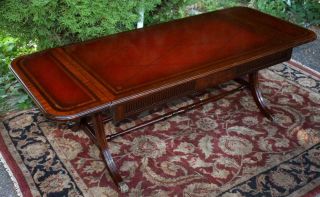 1920s English Regency Mahogany Red Leather Top Drop Leaf Coffee Table Claw Foot
