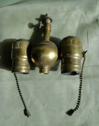 Vintage Solid Brass Two Light Pull Chain Socket Cluster - Unmarked