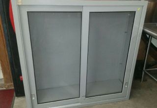 Vintage Metal Gray Medical Cabinet Display Case Bookshelf Sliding Glass Doors