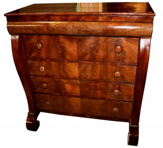 19th C.  Early American Crotch Mahogany Empire Chest Of Drawers