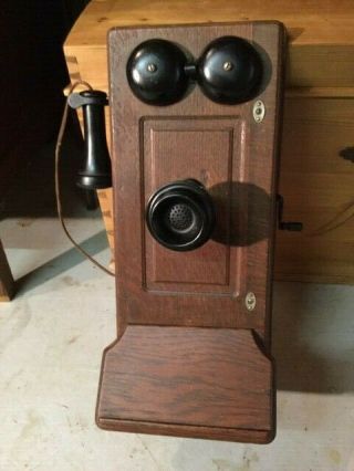 Vintage Antique Oak Wood Wall Telephone Hand Crank 1900 
