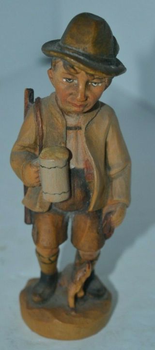 Vintage Wooden Wood Hand Carved Anri ? Italy Man Drinking With Dog Figure