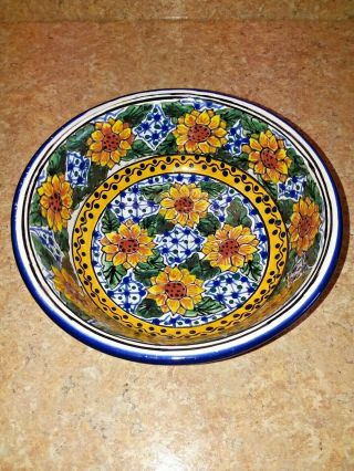 Vintage Talavera Mexico Hand Painted Folk Art Pottery Guacamole Bowl 7 1/2 "