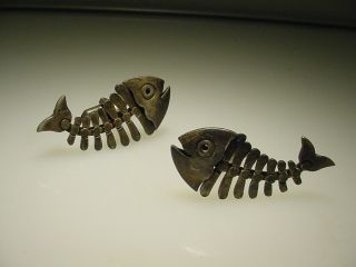 Large Vintage Hand Made Sterling Silver Antonio Pineda Fish Skeleton Cufflinks