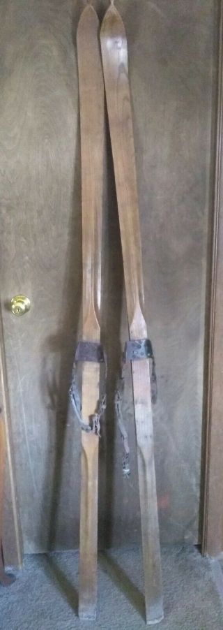 Antique Wood Snow Skis With Metal And Leather Bindings 76 "