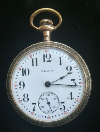 Vintage 7j 18 Size Gold Plated Elgin Open Face Pocket Watch