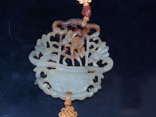 Vintage Chinese Carved Jade Pendant With Silk Tassel