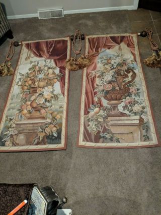 Two Vintage French Tapestry Wall Hangings W/floral Design & Rope Tassels