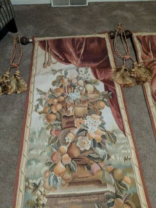 Two Vintage French Tapestry Wall Hangings w/Floral Design & rope tassels 3