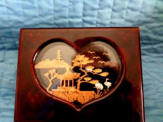 Vintage Lacquer Chinese Jewelry Box Heart Carved Cork Diorama Drawer Birds Ex