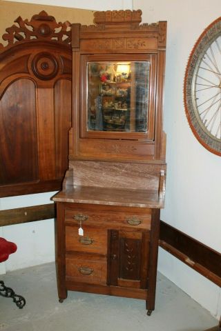 Antique Victorian Eastlake Walnut Marble Top Washstand