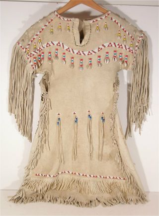 1950s Native American Plains / Sioux Indian Beaded Fringed Hide Dress Stunning