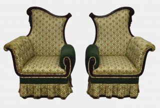 Pair French Style Mahogany Carved Fireside Bergere Arm Chairs