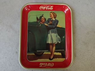 Vintage 1942 Coca Cola Soda Metal Serving Tray Two Girls Car Roadster Near