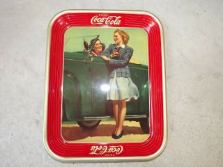 Vintage 1942 COCA COLA Soda Metal Serving Tray TWO GIRLS CAR ROADSTER Near 2