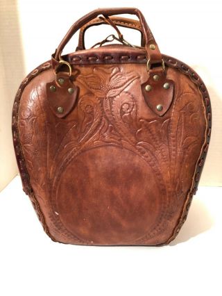 Hand Tooled Leather Bowling Ball Bag Vintage Retro Mid Century Handbag Floral