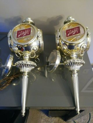 Vintage Schlitz Beer Signs Old Lighted Lamp Wall Sconce Carriage Lights Pair 1