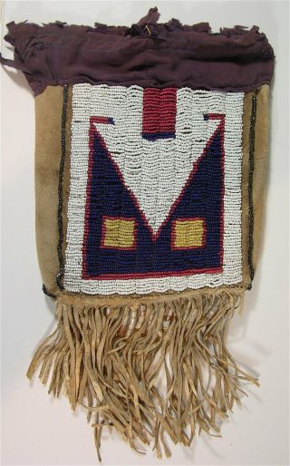 1890s Native American Crow Indian Bead Decorated Hide Pouch / Beaded Hide Bag