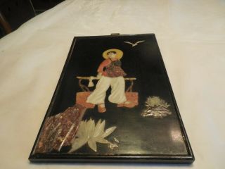 Vtg Mcm Chinese Oriental Inlaid Stone Wall Plaque Art