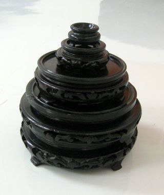 Vintage Black Oriental Asian Vase Stand Carved Wood Set Of 6 Planter Urn Display